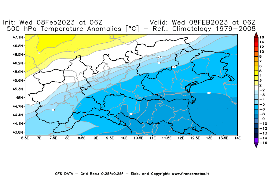 Mappa di analisi GFS - Anomalia Temperatura [°C] a 500 hPa in Nord-Italia
							del 08/02/2023 06 <!--googleoff: index-->UTC<!--googleon: index-->