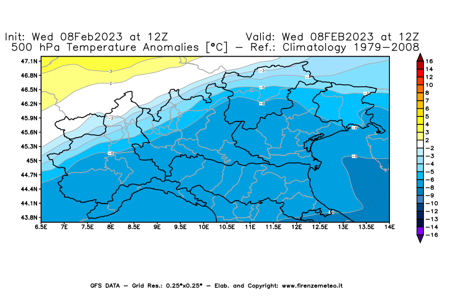 Mappa di analisi GFS - Anomalia Temperatura a 500 hPa in Nord-Italia
							del 8 febbraio 2023 z12