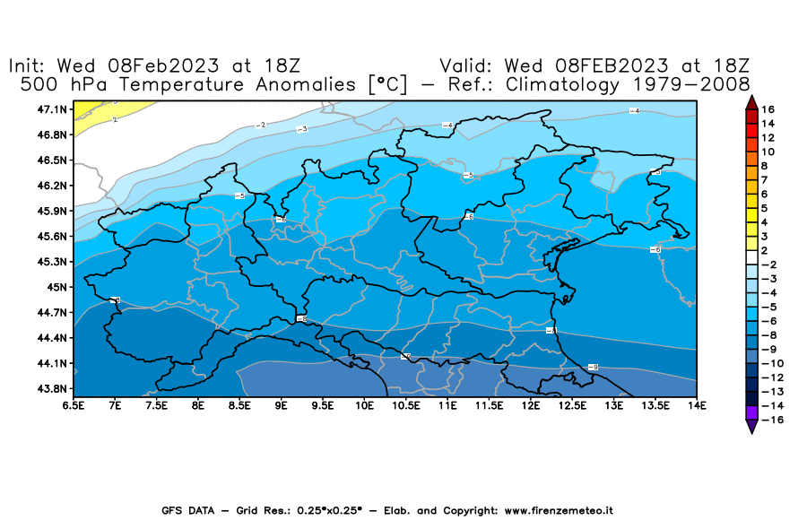 Mappa di analisi GFS - Anomalia Temperatura [°C] a 500 hPa in Nord-Italia
							del 08/02/2023 18 <!--googleoff: index-->UTC<!--googleon: index-->