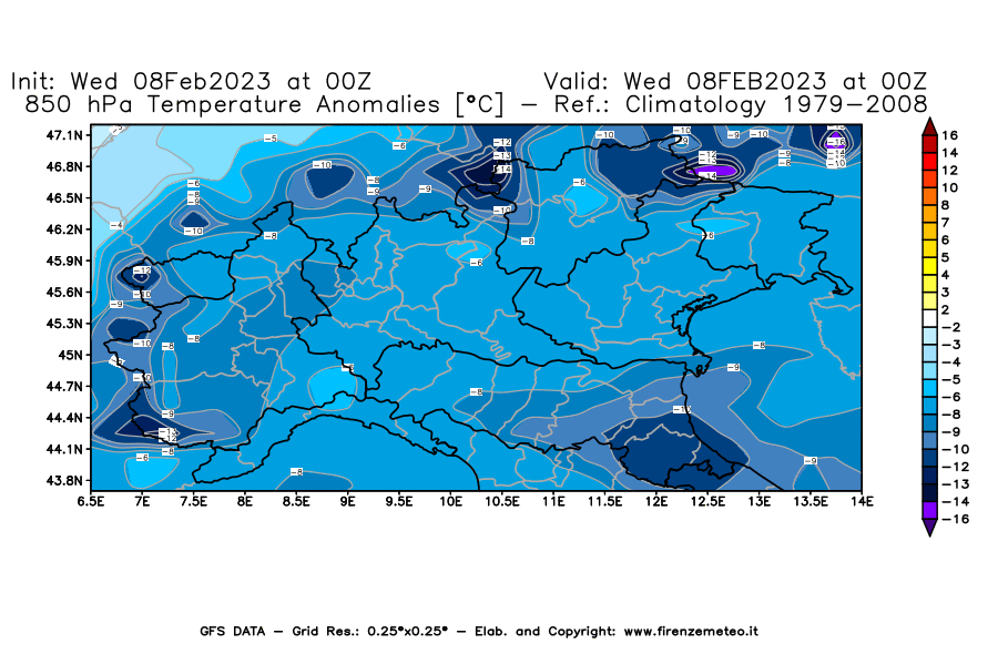 Mappa di analisi GFS - Anomalia Temperatura [°C] a 850 hPa in Nord-Italia
							del 08/02/2023 00 <!--googleoff: index-->UTC<!--googleon: index-->