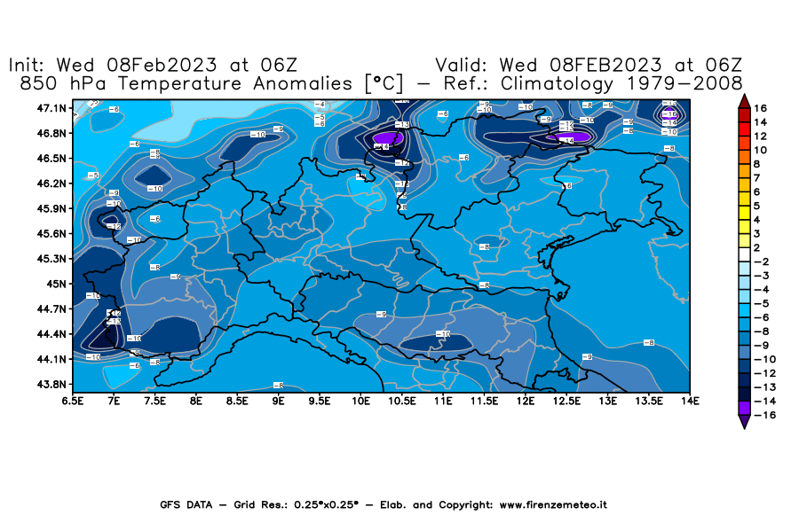 Mappa di analisi GFS - Anomalia Temperatura [°C] a 850 hPa in Nord-Italia
							del 08/02/2023 06 <!--googleoff: index-->UTC<!--googleon: index-->