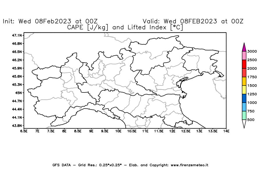 Mappa di analisi GFS - CAPE [J/kg] e Lifted Index [°C] in Nord-Italia
							del 08/02/2023 00 <!--googleoff: index-->UTC<!--googleon: index-->