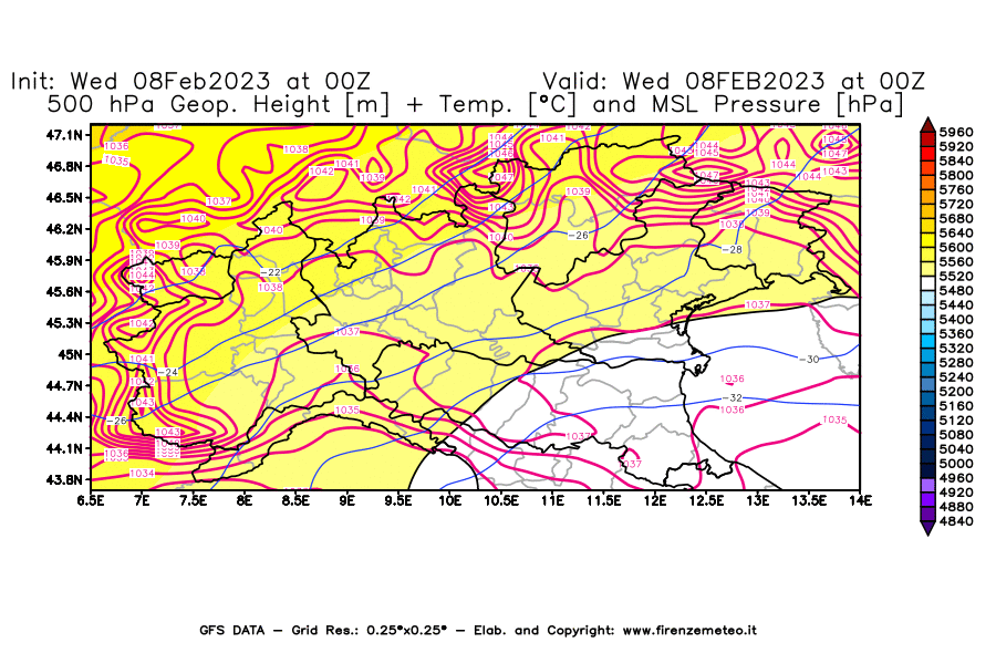 Mappa di analisi GFS - Geopotenziale [m] + Temp. [°C] a 500 hPa + Press. a livello del mare [hPa] in Nord-Italia
							del 08/02/2023 00 <!--googleoff: index-->UTC<!--googleon: index-->