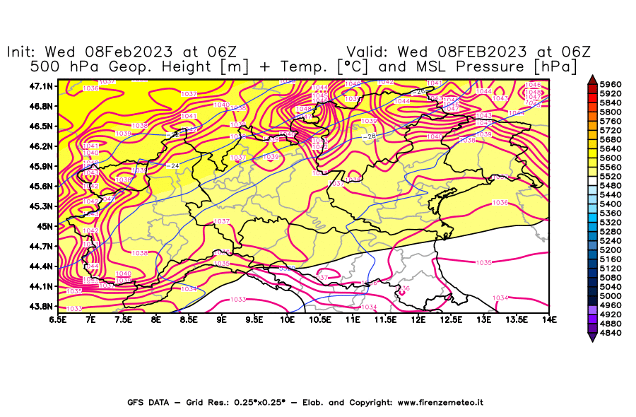 Mappa di analisi GFS - Geopotenziale [m] + Temp. [°C] a 500 hPa + Press. a livello del mare [hPa] in Nord-Italia
							del 08/02/2023 06 <!--googleoff: index-->UTC<!--googleon: index-->