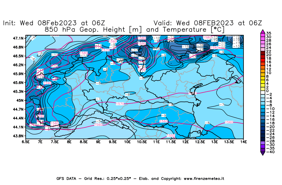 Mappa di analisi GFS - Geopotenziale [m] e Temperatura [°C] a 850 hPa in Nord-Italia
							del 08/02/2023 06 <!--googleoff: index-->UTC<!--googleon: index-->