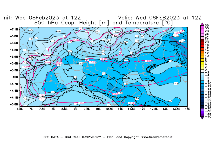 Mappa di analisi GFS - Geopotenziale [m] e Temperatura [°C] a 850 hPa in Nord-Italia
							del 08/02/2023 12 <!--googleoff: index-->UTC<!--googleon: index-->