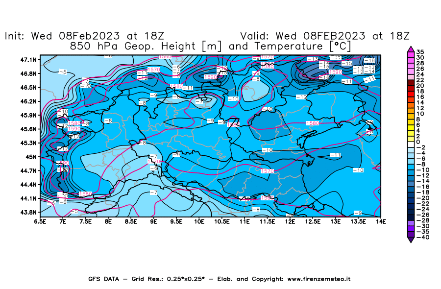 Mappa di analisi GFS - Geopotenziale [m] e Temperatura [°C] a 850 hPa in Nord-Italia
							del 08/02/2023 18 <!--googleoff: index-->UTC<!--googleon: index-->