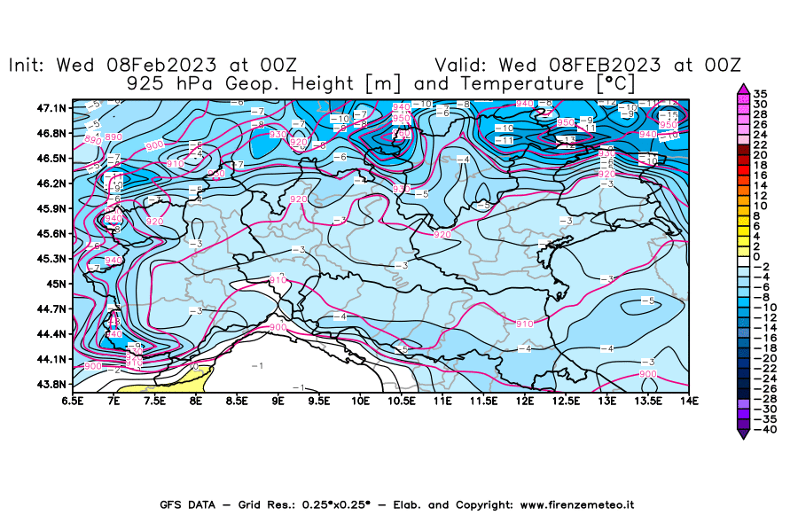 Mappa di analisi GFS - Geopotenziale [m] e Temperatura [°C] a 925 hPa in Nord-Italia
							del 08/02/2023 00 <!--googleoff: index-->UTC<!--googleon: index-->