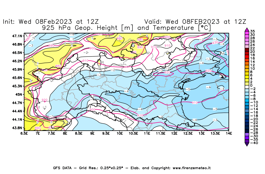 Mappa di analisi GFS - Geopotenziale [m] e Temperatura [°C] a 925 hPa in Nord-Italia
							del 08/02/2023 12 <!--googleoff: index-->UTC<!--googleon: index-->