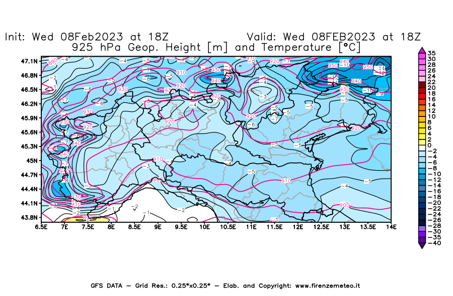 Mappa di analisi GFS - Geopotenziale [m] e Temperatura [°C] a 925 hPa in Nord-Italia
							del 08/02/2023 18 <!--googleoff: index-->UTC<!--googleon: index-->