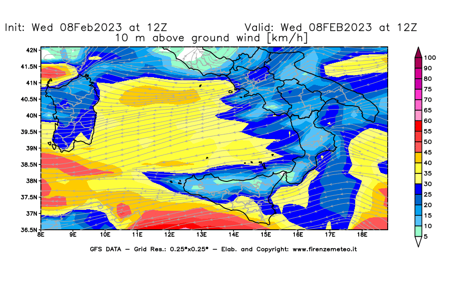 Mappa di analisi GFS - Velocità del vento a 10 metri dal suolo [km/h] in Sud-Italia
							del 08/02/2023 12 <!--googleoff: index-->UTC<!--googleon: index-->
