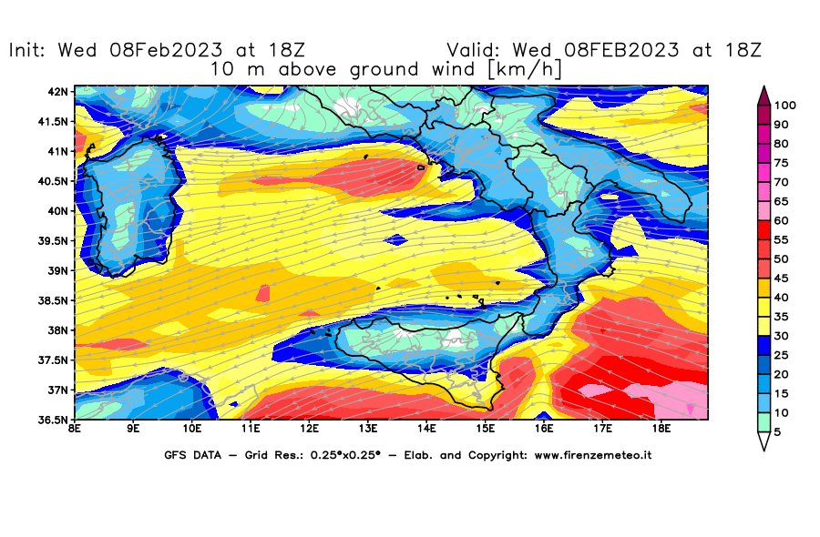 Mappa di analisi GFS - Velocità del vento a 10 metri dal suolo in Sud-Italia
							del 8 febbraio 2023 z18