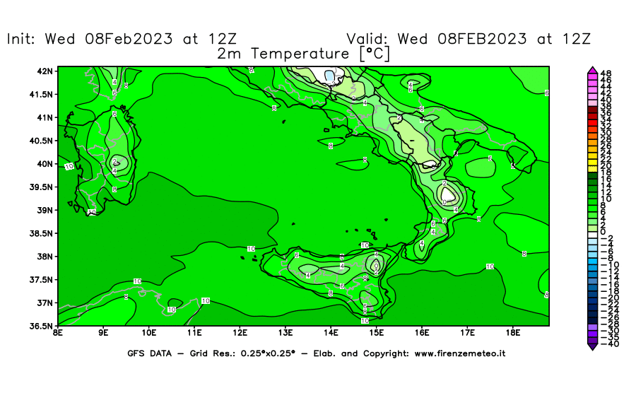 Mappa di analisi GFS - Temperatura a 2 metri dal suolo [°C] in Sud-Italia
							del 08/02/2023 12 <!--googleoff: index-->UTC<!--googleon: index-->