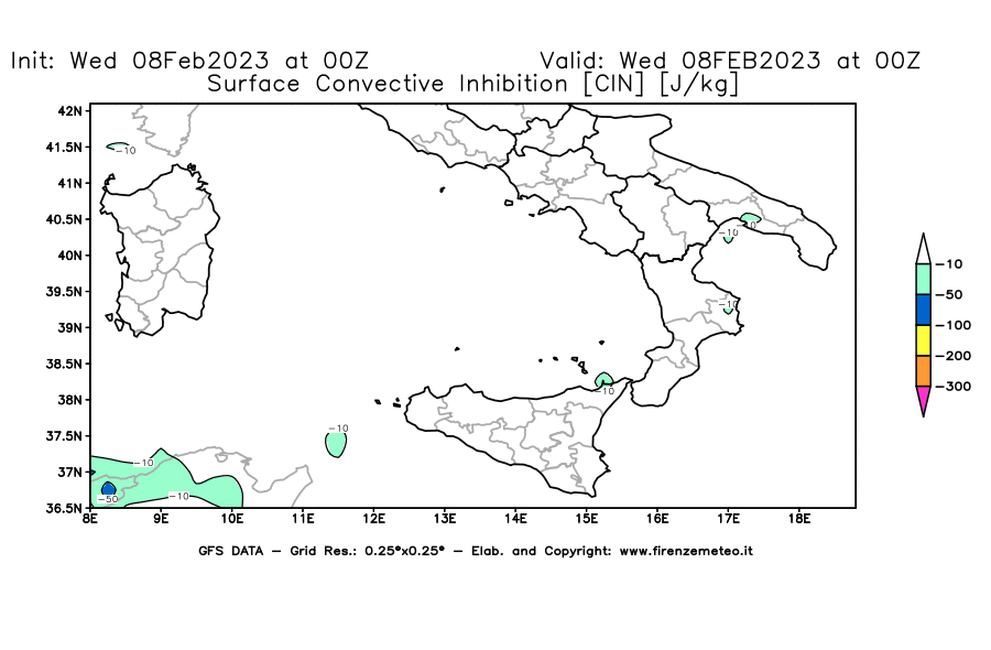 Mappa di analisi GFS - CIN [J/kg] in Sud-Italia
							del 08/02/2023 00 <!--googleoff: index-->UTC<!--googleon: index-->