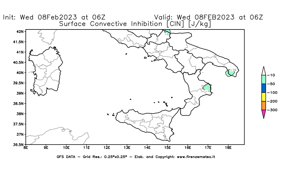Mappa di analisi GFS - CIN [J/kg] in Sud-Italia
							del 08/02/2023 06 <!--googleoff: index-->UTC<!--googleon: index-->