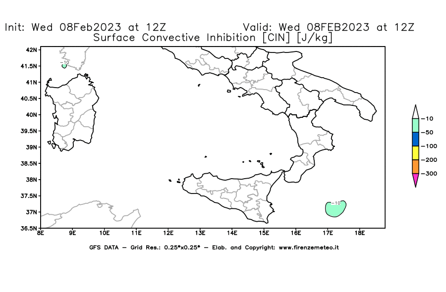 Mappa di analisi GFS - CIN [J/kg] in Sud-Italia
							del 08/02/2023 12 <!--googleoff: index-->UTC<!--googleon: index-->