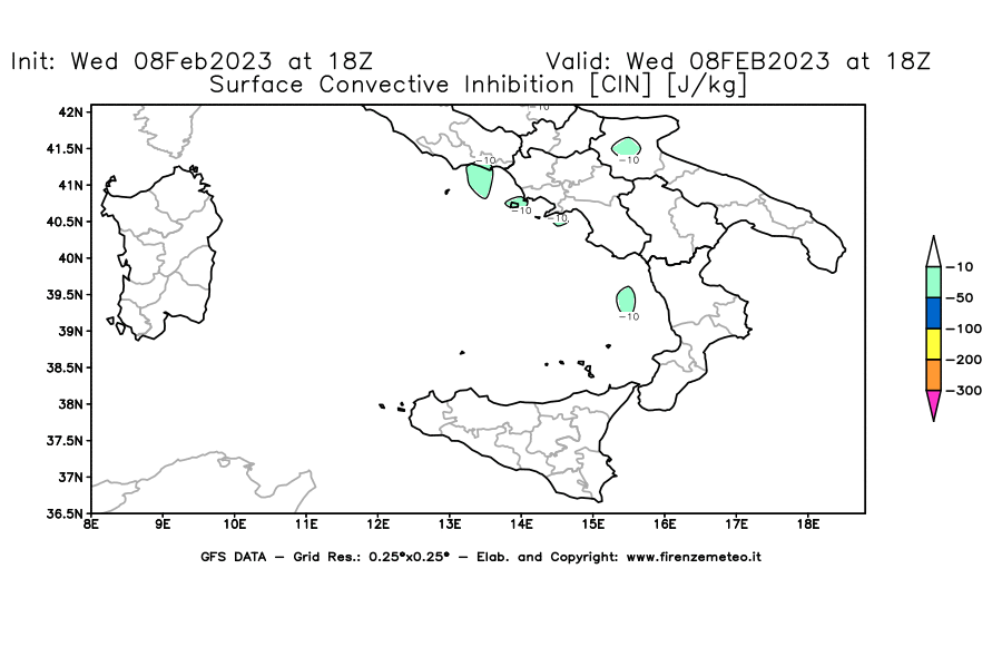 Mappa di analisi GFS - CIN [J/kg] in Sud-Italia
							del 08/02/2023 18 <!--googleoff: index-->UTC<!--googleon: index-->