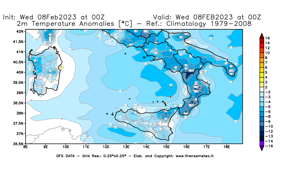Mappa di analisi GFS - Anomalia Temperatura [°C] a 2 m in Sud-Italia
							del 08/02/2023 00 <!--googleoff: index-->UTC<!--googleon: index-->