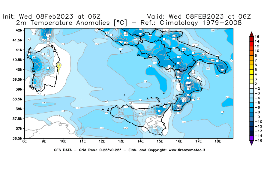 Mappa di analisi GFS - Anomalia Temperatura a 2 m in Sud-Italia
							del 8 febbraio 2023 z06