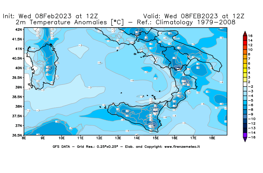 Mappa di analisi GFS - Anomalia Temperatura [°C] a 2 m in Sud-Italia
							del 08/02/2023 12 <!--googleoff: index-->UTC<!--googleon: index-->
