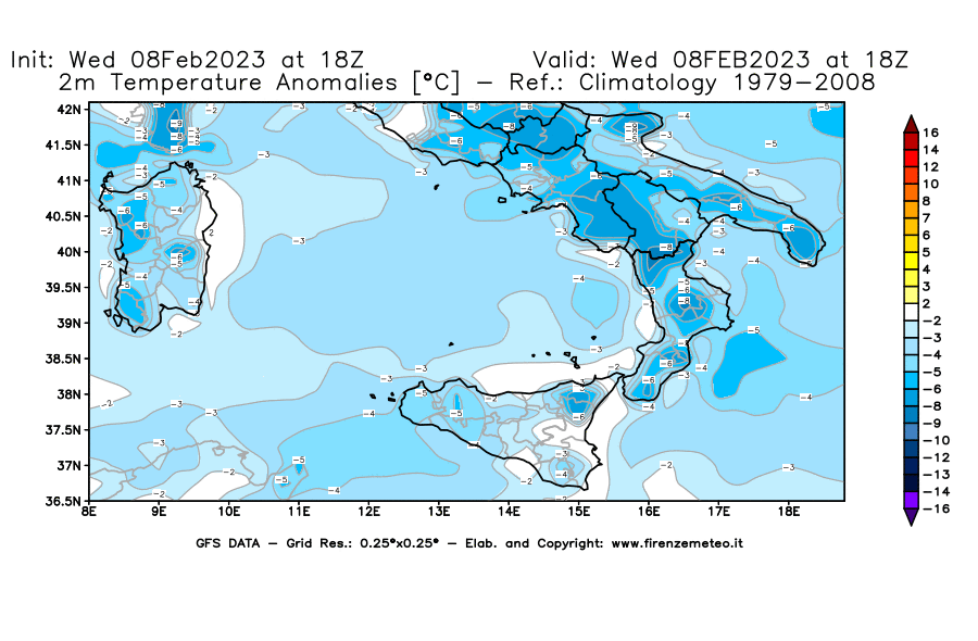 Mappa di analisi GFS - Anomalia Temperatura [°C] a 2 m in Sud-Italia
							del 08/02/2023 18 <!--googleoff: index-->UTC<!--googleon: index-->