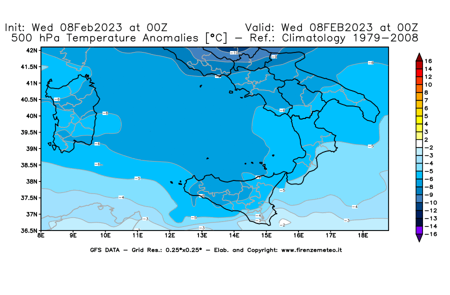 Mappa di analisi GFS - Anomalia Temperatura [°C] a 500 hPa in Sud-Italia
							del 08/02/2023 00 <!--googleoff: index-->UTC<!--googleon: index-->