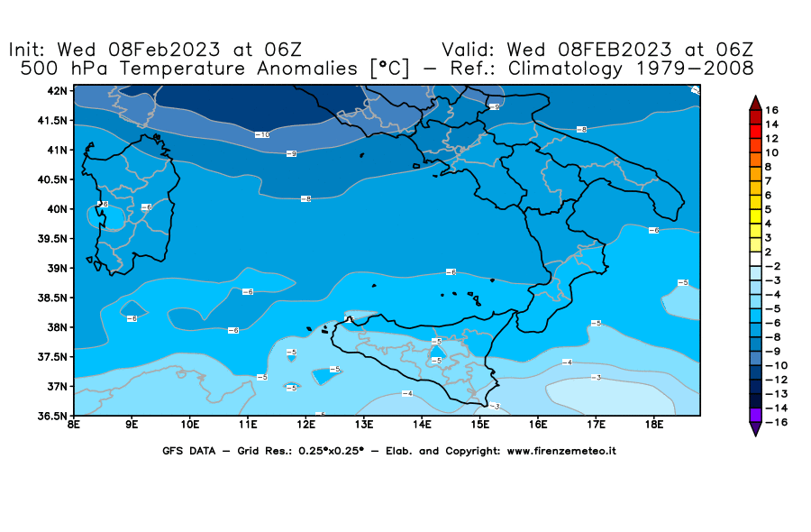 Mappa di analisi GFS - Anomalia Temperatura [°C] a 500 hPa in Sud-Italia
							del 08/02/2023 06 <!--googleoff: index-->UTC<!--googleon: index-->