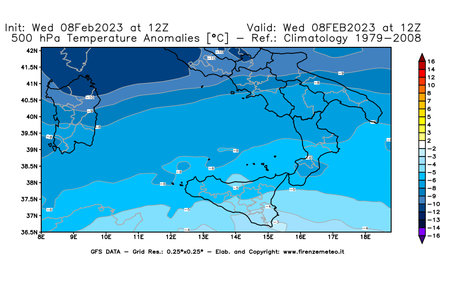 Mappa di analisi GFS - Anomalia Temperatura [°C] a 500 hPa in Sud-Italia
							del 08/02/2023 12 <!--googleoff: index-->UTC<!--googleon: index-->