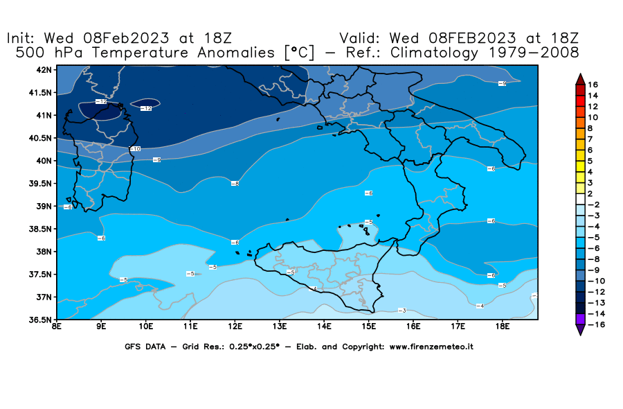 Mappa di analisi GFS - Anomalia Temperatura [°C] a 500 hPa in Sud-Italia
							del 08/02/2023 18 <!--googleoff: index-->UTC<!--googleon: index-->