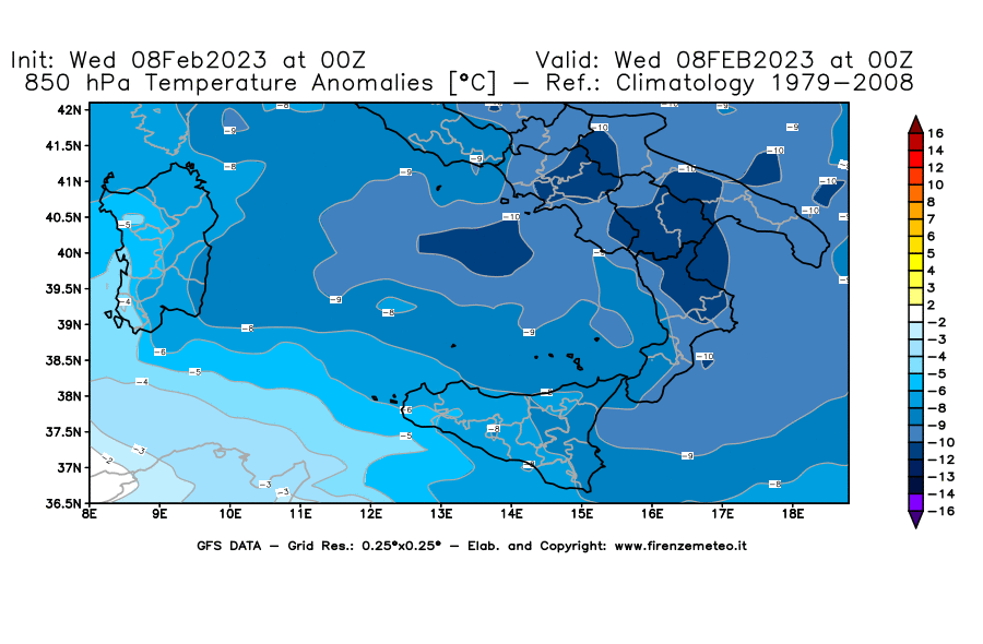 Mappa di analisi GFS - Anomalia Temperatura [°C] a 850 hPa in Sud-Italia
							del 08/02/2023 00 <!--googleoff: index-->UTC<!--googleon: index-->