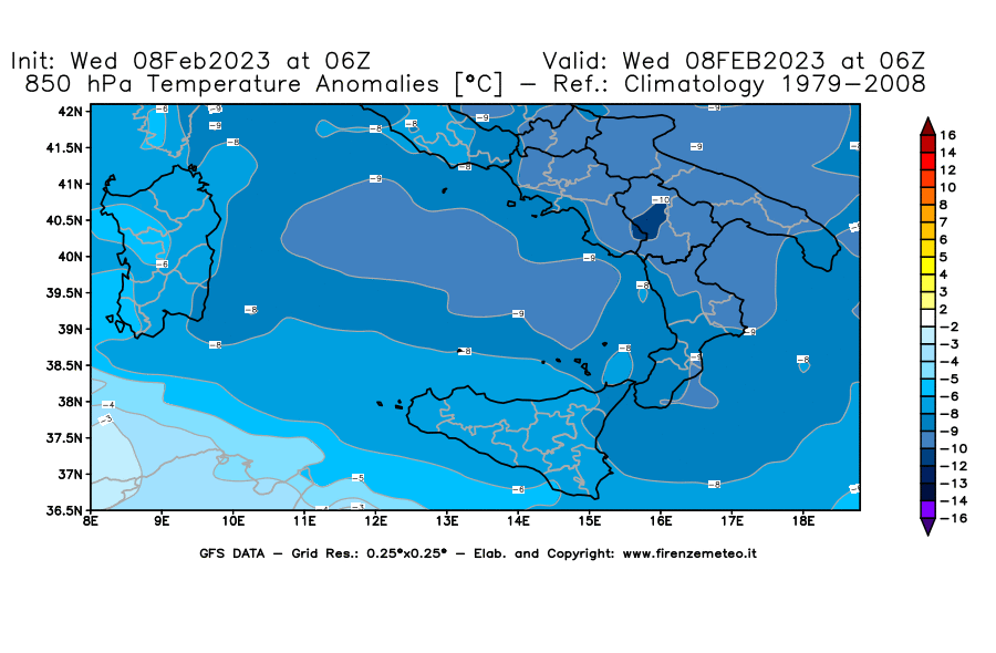 Mappa di analisi GFS - Anomalia Temperatura [°C] a 850 hPa in Sud-Italia
							del 08/02/2023 06 <!--googleoff: index-->UTC<!--googleon: index-->