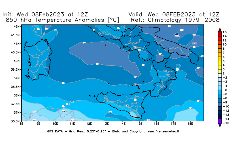 Mappa di analisi GFS - Anomalia Temperatura a 850 hPa in Sud-Italia
							del 8 febbraio 2023 z12