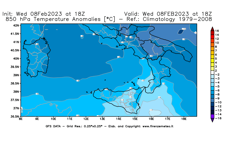 Mappa di analisi GFS - Anomalia Temperatura [°C] a 850 hPa in Sud-Italia
							del 08/02/2023 18 <!--googleoff: index-->UTC<!--googleon: index-->