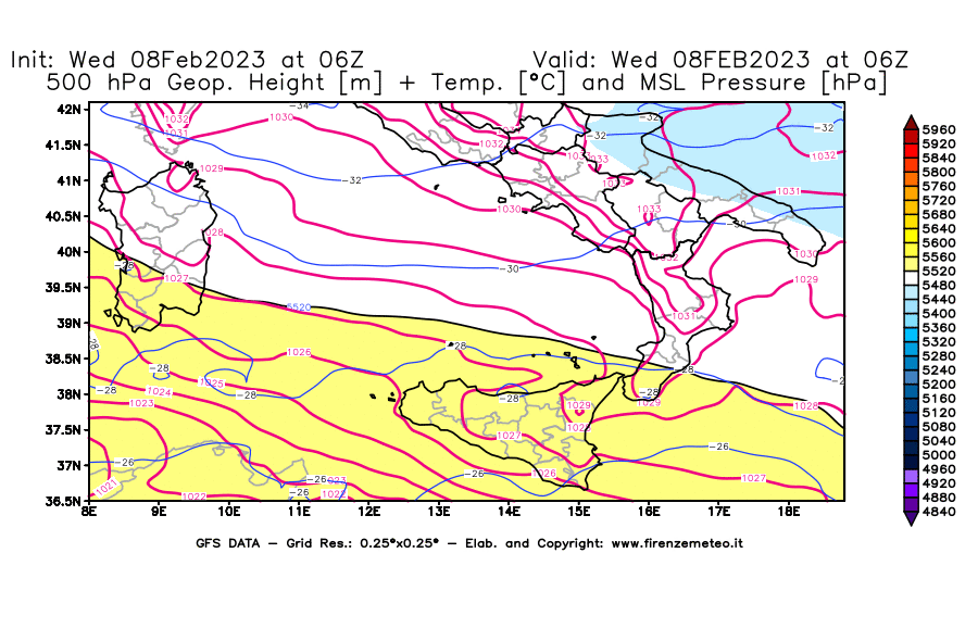 Mappa di analisi GFS - Geopotenziale [m] + Temp. [°C] a 500 hPa + Press. a livello del mare [hPa] in Sud-Italia
							del 08/02/2023 06 <!--googleoff: index-->UTC<!--googleon: index-->
