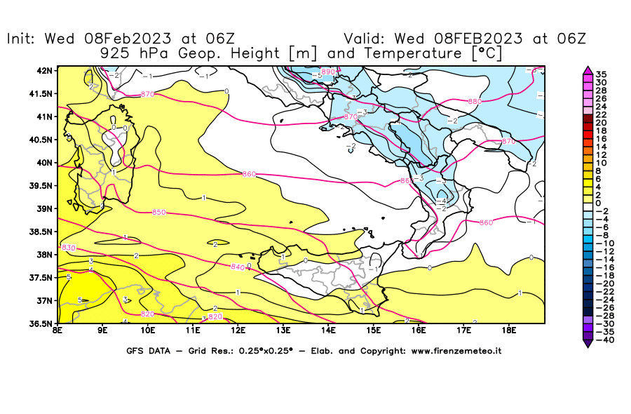Mappa di analisi GFS - Geopotenziale [m] e Temperatura [°C] a 925 hPa in Sud-Italia
							del 08/02/2023 06 <!--googleoff: index-->UTC<!--googleon: index-->