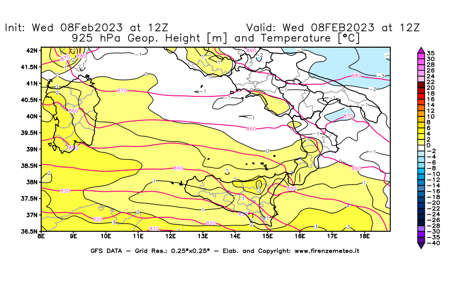 Mappa di analisi GFS - Geopotenziale [m] e Temperatura [°C] a 925 hPa in Sud-Italia
							del 08/02/2023 12 <!--googleoff: index-->UTC<!--googleon: index-->