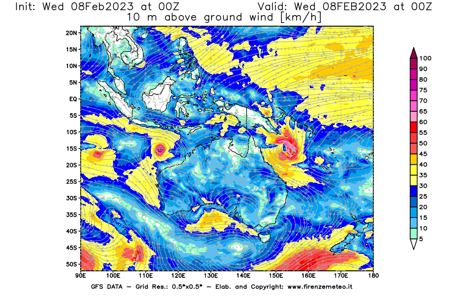 Mappa di analisi GFS - Velocità del vento a 10 metri dal suolo in Oceania
							del 8 febbraio 2023 z00