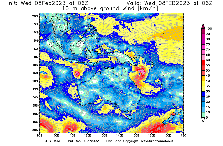 Mappa di analisi GFS - Velocità del vento a 10 metri dal suolo in Oceania
							del 8 febbraio 2023 z06