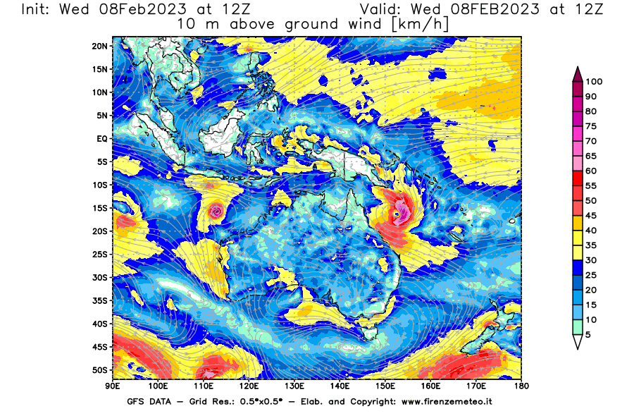Mappa di analisi GFS - Velocità del vento a 10 metri dal suolo in Oceania
							del 8 febbraio 2023 z12