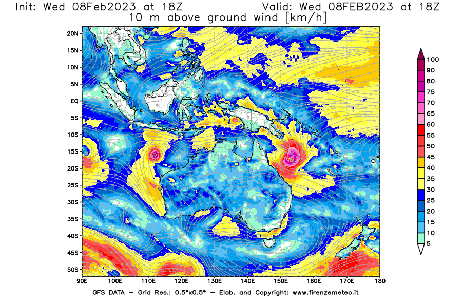 Mappa di analisi GFS - Velocità del vento a 10 metri dal suolo in Oceania
							del 8 febbraio 2023 z18