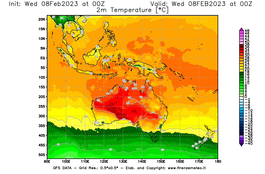 Mappa di analisi GFS - Temperatura a 2 metri dal suolo in Oceania
							del 8 febbraio 2023 z00