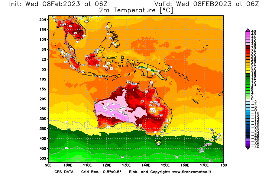 Mappa di analisi GFS - Temperatura a 2 metri dal suolo [°C] in Oceania
							del 08/02/2023 06 <!--googleoff: index-->UTC<!--googleon: index-->