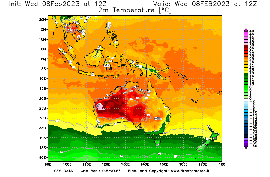 Mappa di analisi GFS - Temperatura a 2 metri dal suolo [°C] in Oceania
							del 08/02/2023 12 <!--googleoff: index-->UTC<!--googleon: index-->