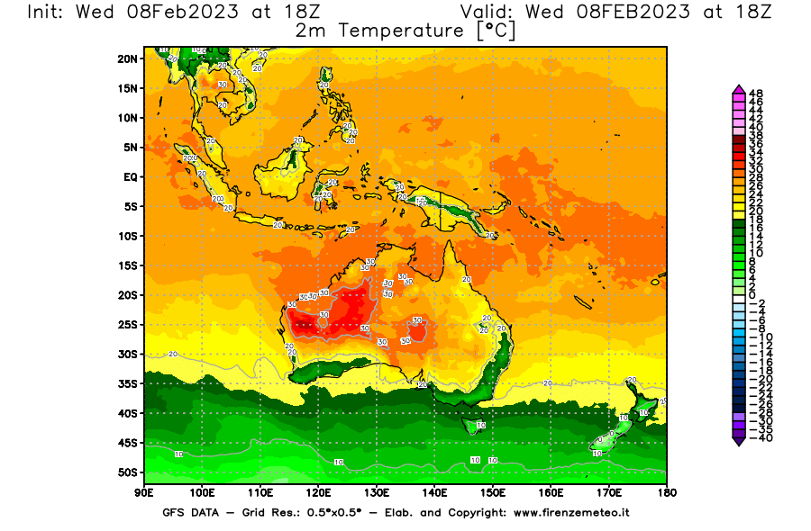 Mappa di analisi GFS - Temperatura a 2 metri dal suolo [°C] in Oceania
							del 08/02/2023 18 <!--googleoff: index-->UTC<!--googleon: index-->