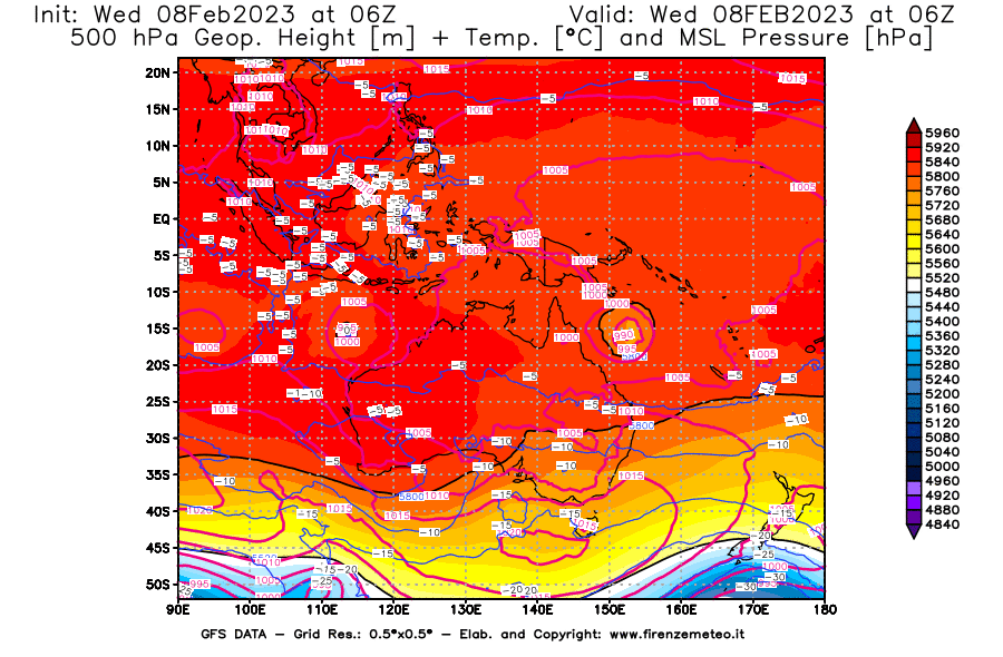 Mappa di analisi GFS - Geopotenziale [m] + Temp. [°C] a 500 hPa + Press. a livello del mare [hPa] in Oceania
							del 08/02/2023 06 <!--googleoff: index-->UTC<!--googleon: index-->