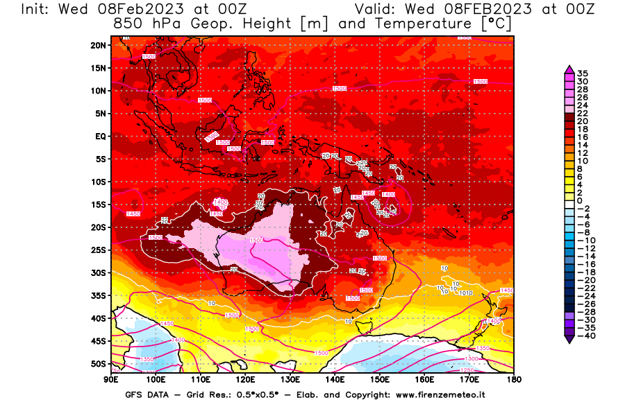 Mappa di analisi GFS - Geopotenziale [m] e Temperatura [°C] a 850 hPa in Oceania
							del 08/02/2023 00 <!--googleoff: index-->UTC<!--googleon: index-->