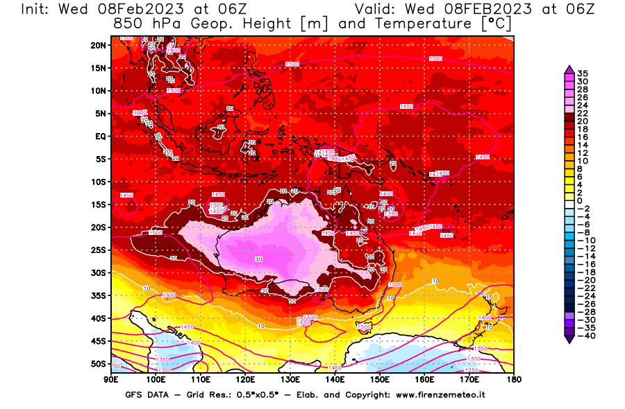 Mappa di analisi GFS - Geopotenziale [m] e Temperatura [°C] a 850 hPa in Oceania
							del 08/02/2023 06 <!--googleoff: index-->UTC<!--googleon: index-->