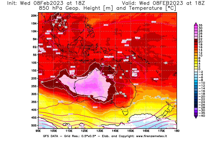 Mappa di analisi GFS - Geopotenziale [m] e Temperatura [°C] a 850 hPa in Oceania
							del 08/02/2023 18 <!--googleoff: index-->UTC<!--googleon: index-->