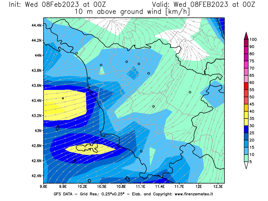 Mappa di analisi GFS - Velocità del vento a 10 metri dal suolo [km/h] in Toscana
							del 08/02/2023 00 <!--googleoff: index-->UTC<!--googleon: index-->