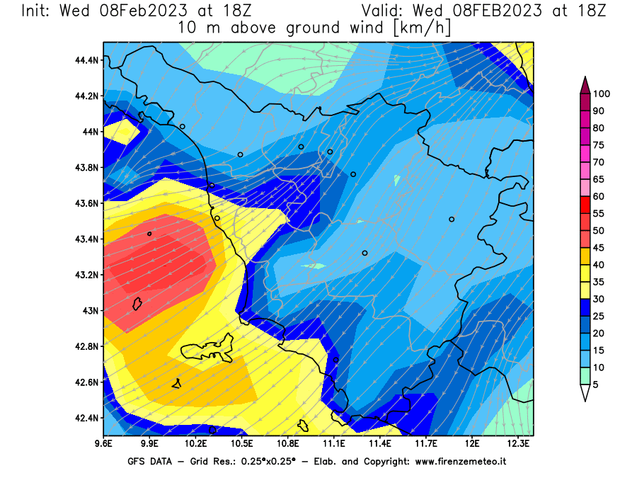 Mappa di analisi GFS - Velocità del vento a 10 metri dal suolo [km/h] in Toscana
							del 08/02/2023 18 <!--googleoff: index-->UTC<!--googleon: index-->